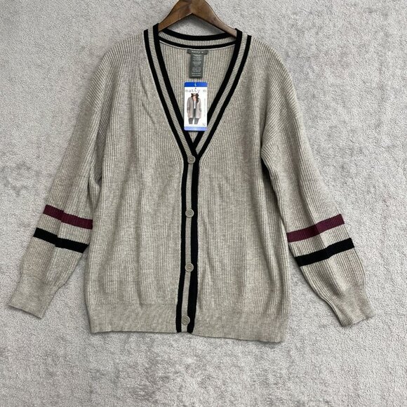 NEW Matty M Women's L Varsity Cardigan Sweater Gray Striped - Picture 2 of 8
